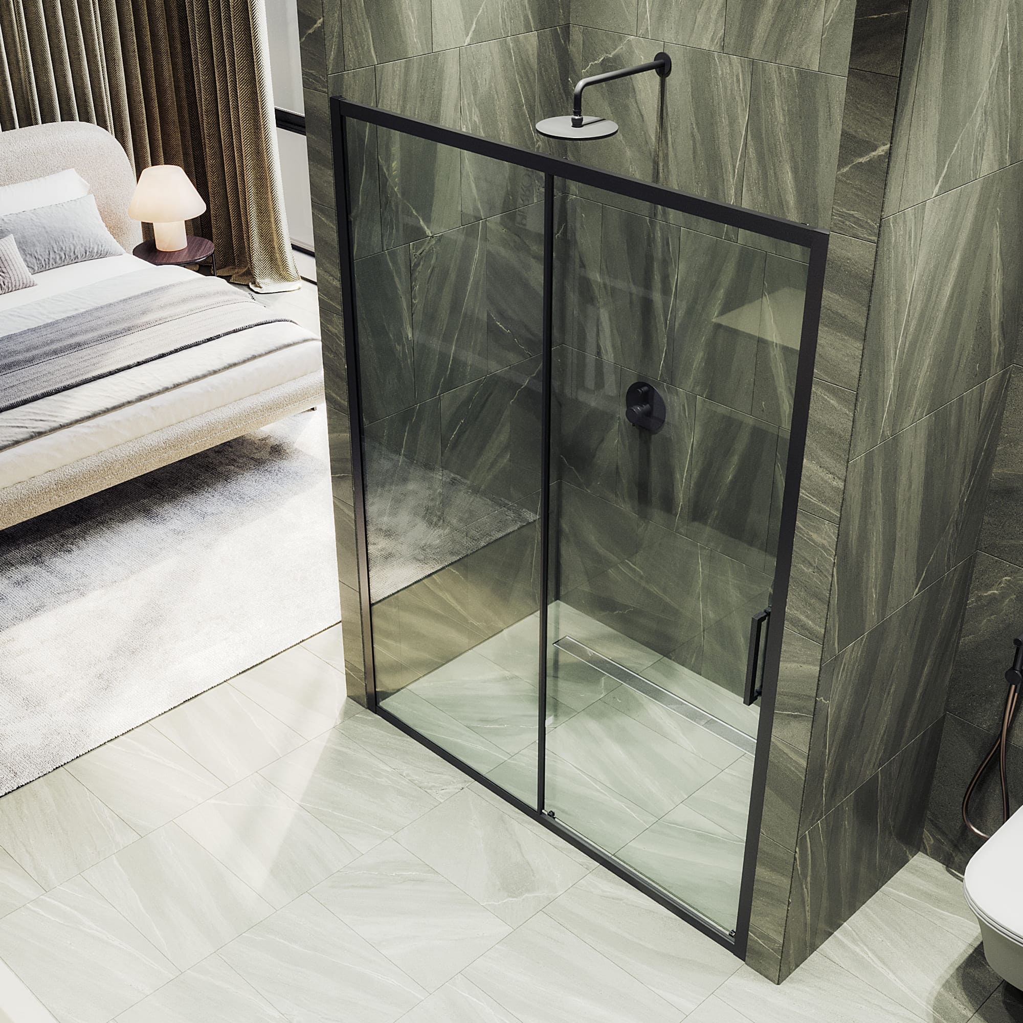 Душевая дверь MaybahGlass раздвижная 150x195 см, стекло прозрачное/черный — в ванной комнате с серой плиткой