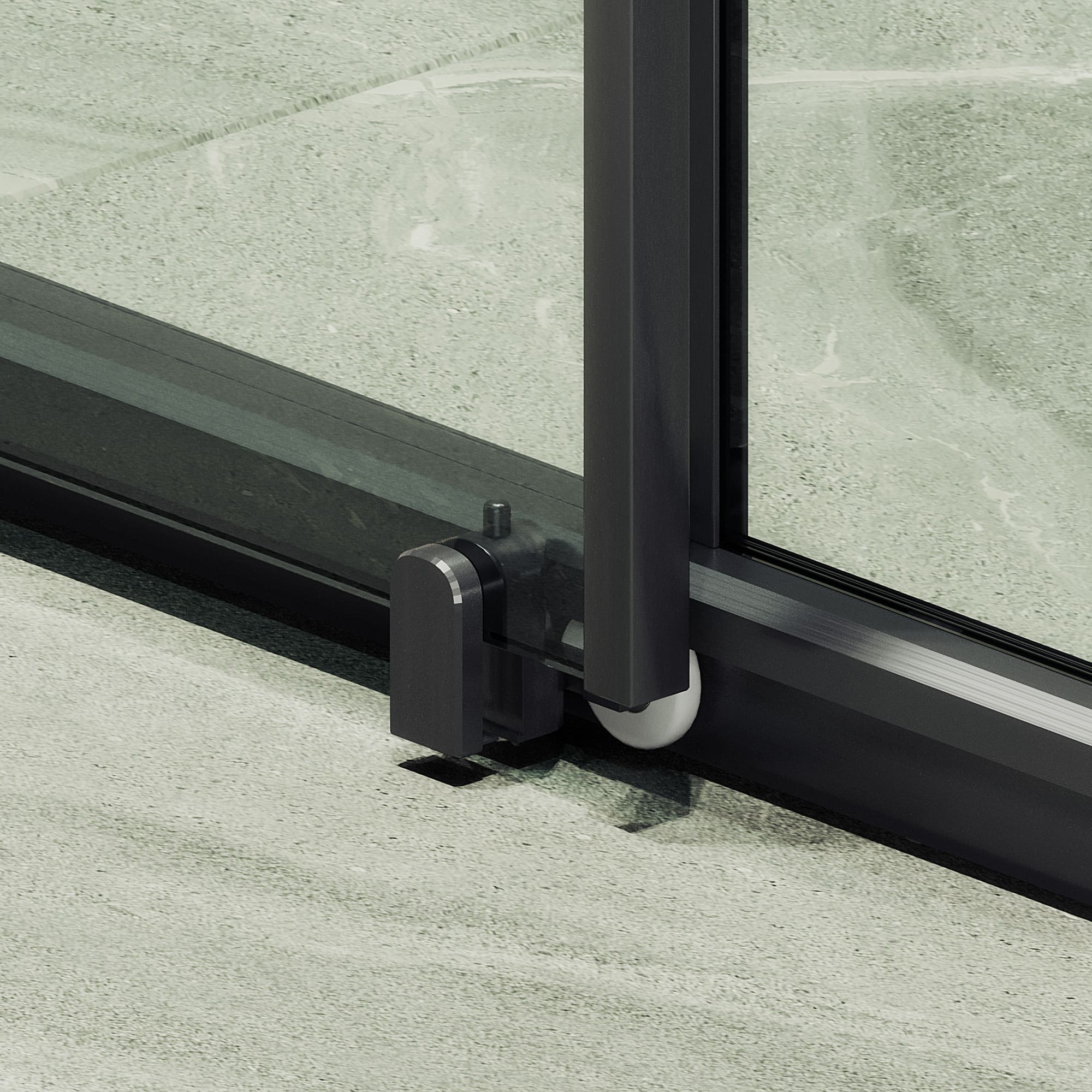 Душевая дверь MaybahGlass раздвижная 150x195 см, стекло прозрачное/черный — нижний ролик и профиль крупным планом