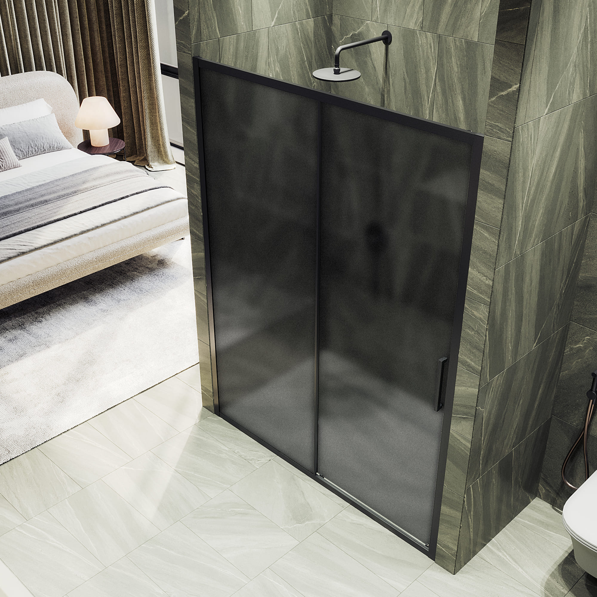 Душевая дверь MaybahGlass раздвижная 150x195 см, стекло графит матовый/черный — в ванной комнате с плиткой под мрамор