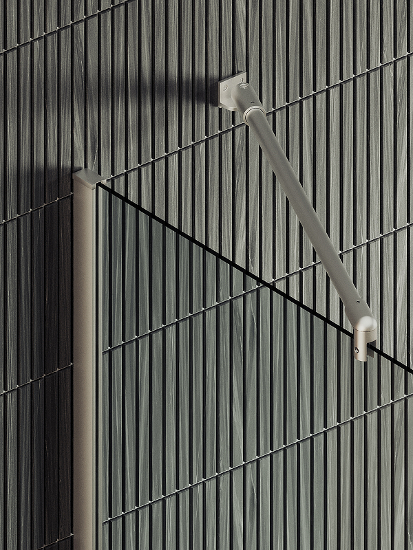 Душевая перегородка MaybahGlass в узком профиле, с полотенцедержателем, 195x69 см, прозрачное стекло/хром матовый — вид на полотенцедержатель у деревянной стены