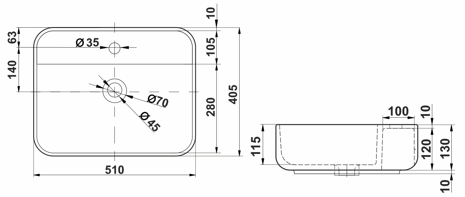 Раковина накладная Melana MLN-320355MG — чертёж с размерами