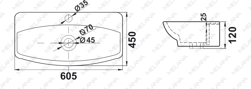 Раковина подвесная Melana MLN-78014D — чертёж с размерами