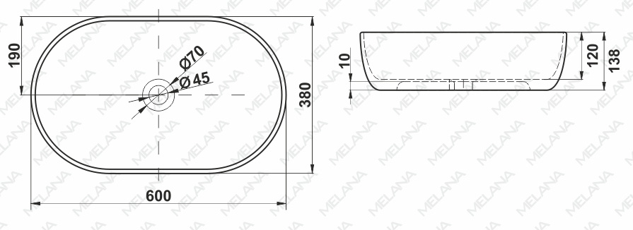 Раковина накладная Melana MLN-78329 — чертёж с размерами