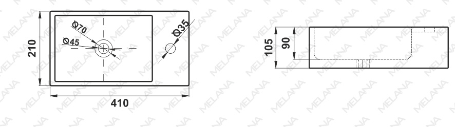 Раковина подвесная Melana MLN-9048DL, 41 см — чертёж с размерами