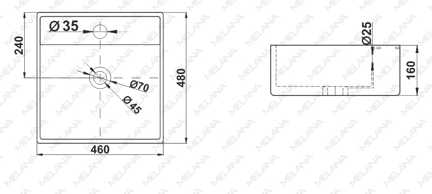 Раковина накладная Melana MLN-A064 — чертёж с размерами изделия