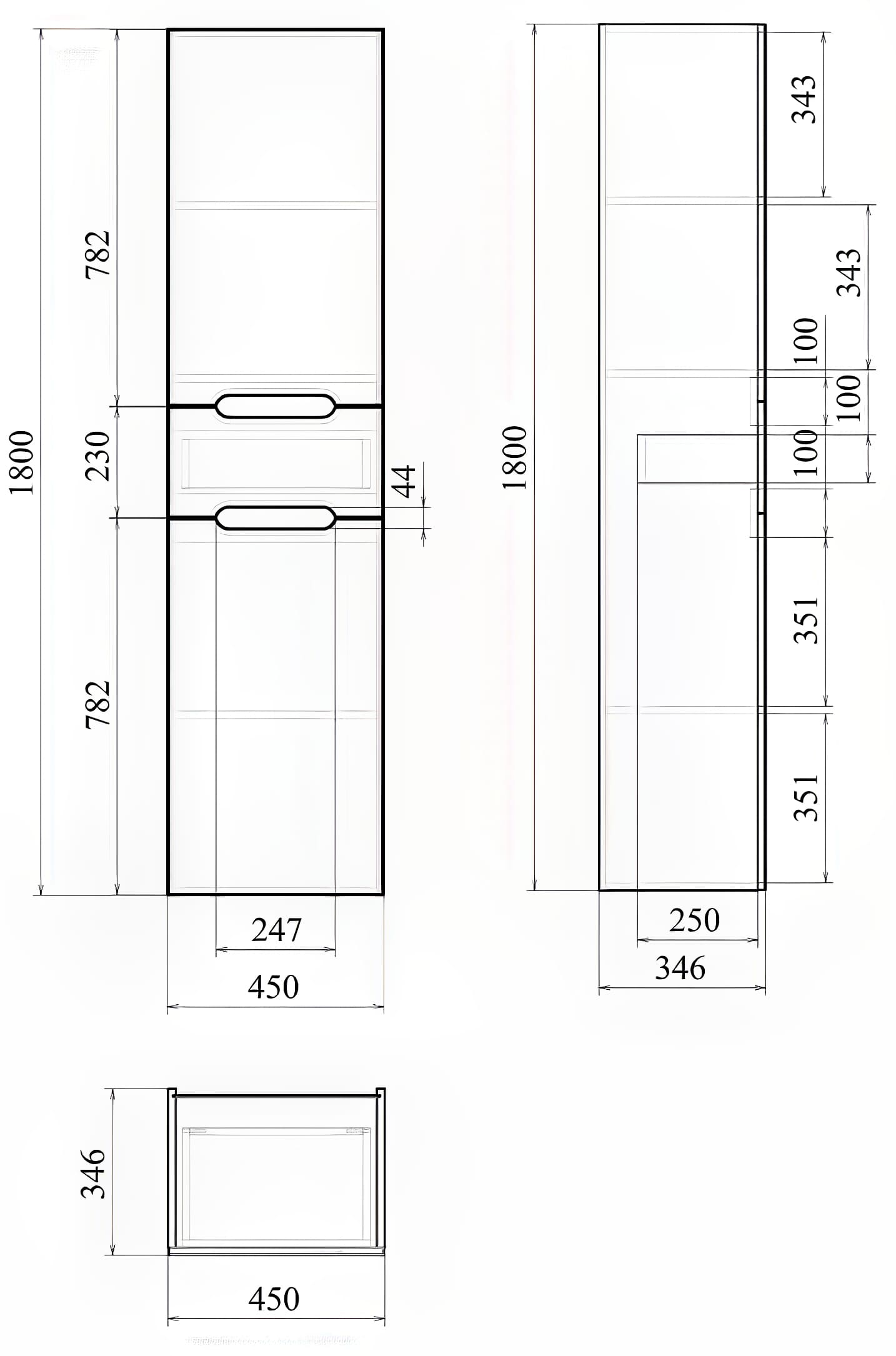 Пенал напольный Мирсант Soho 45 см — чертёж с размерами