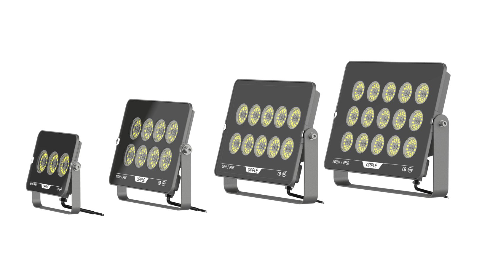 Прожектор светодиодный уличный OPPLE LED Floodlight EQ3 70W-3000-GY-GP поворотный — четыре разных размера в одном кадре