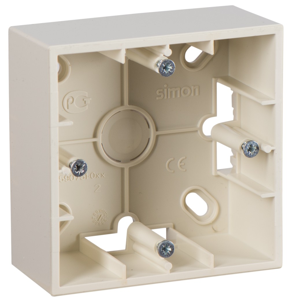 Коробка монтажная Simon 15, 1 пост, накладной монтаж, слоновая кость — вид под углом