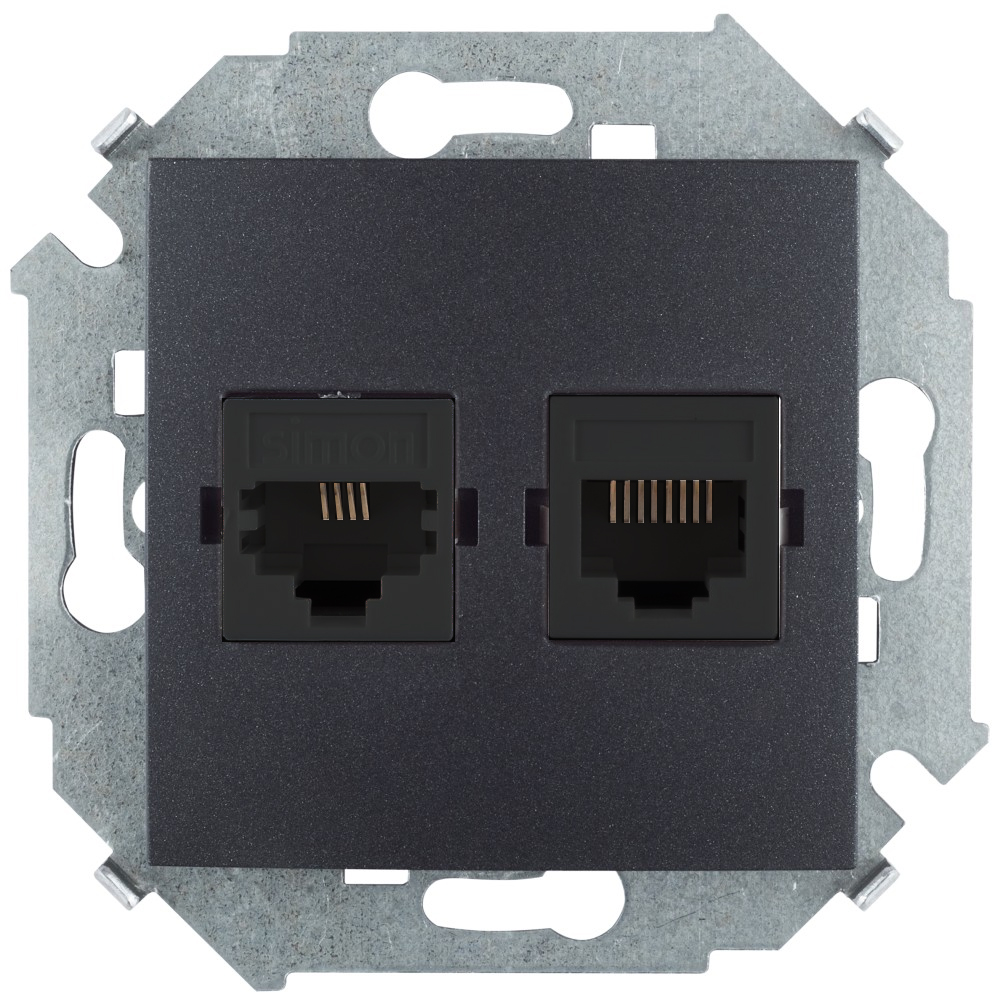 Розетка компьютерная Simon 15 RJ11+ телефонная RJ45, кат.5е, Systimax, графит — вид спереди на монтажную рамку