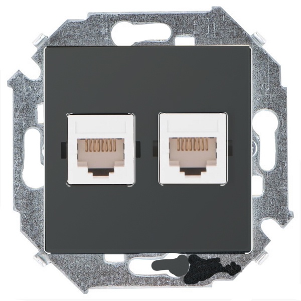 Розетка компьютерная Simon 15, 2хRJ45, кат.5е, Systimax, графит — вид спереди на монтажную рамку