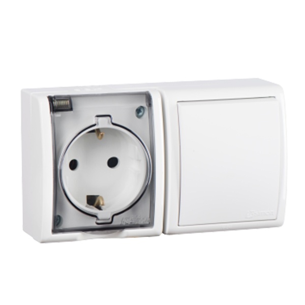 Розетка Simon 15 Aqua Schuko 2П+3 16А 250В + выключатель 10А 250 В, белый — комбинированный блок под углом