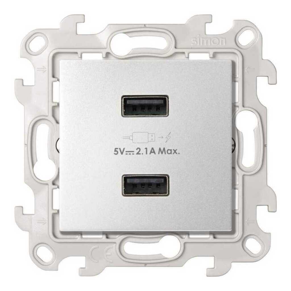 Зарядное устройство Simon 24 Harmonie 2хUSB 5В 2.4A 230В, двойная, алюминий — вид спереди на панель с портами