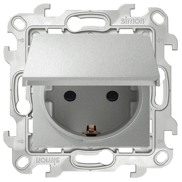 Розетка Simon 24 Harmonie Schuko 2Р+Е 16A 250В, со шторками, с крышкой, заземлением, IP44, алюминий — вид спереди на устройство с открытой крышкой