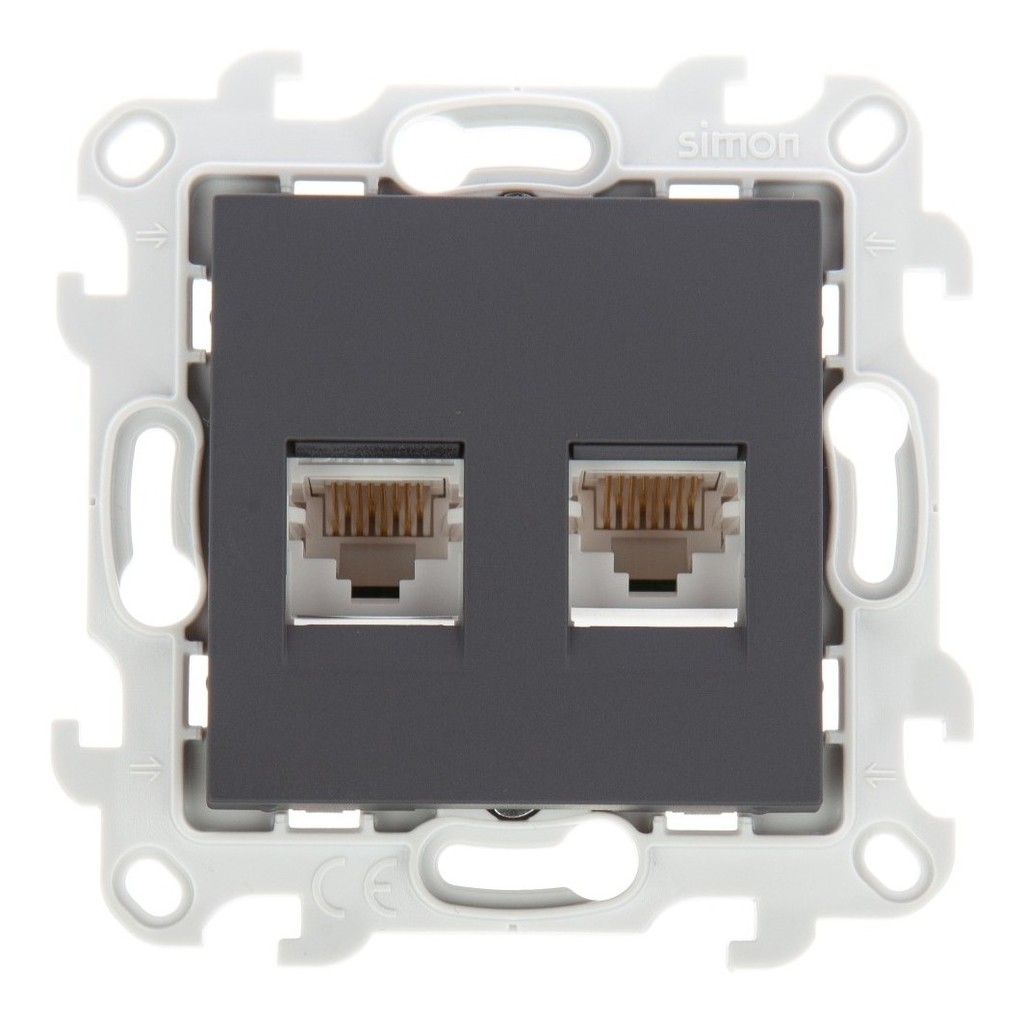 Розетка компьютерная Simon 24 Harmonie 2хRJ45, кат. 5е, UTP, графит — вид спереди на двойной разъем
