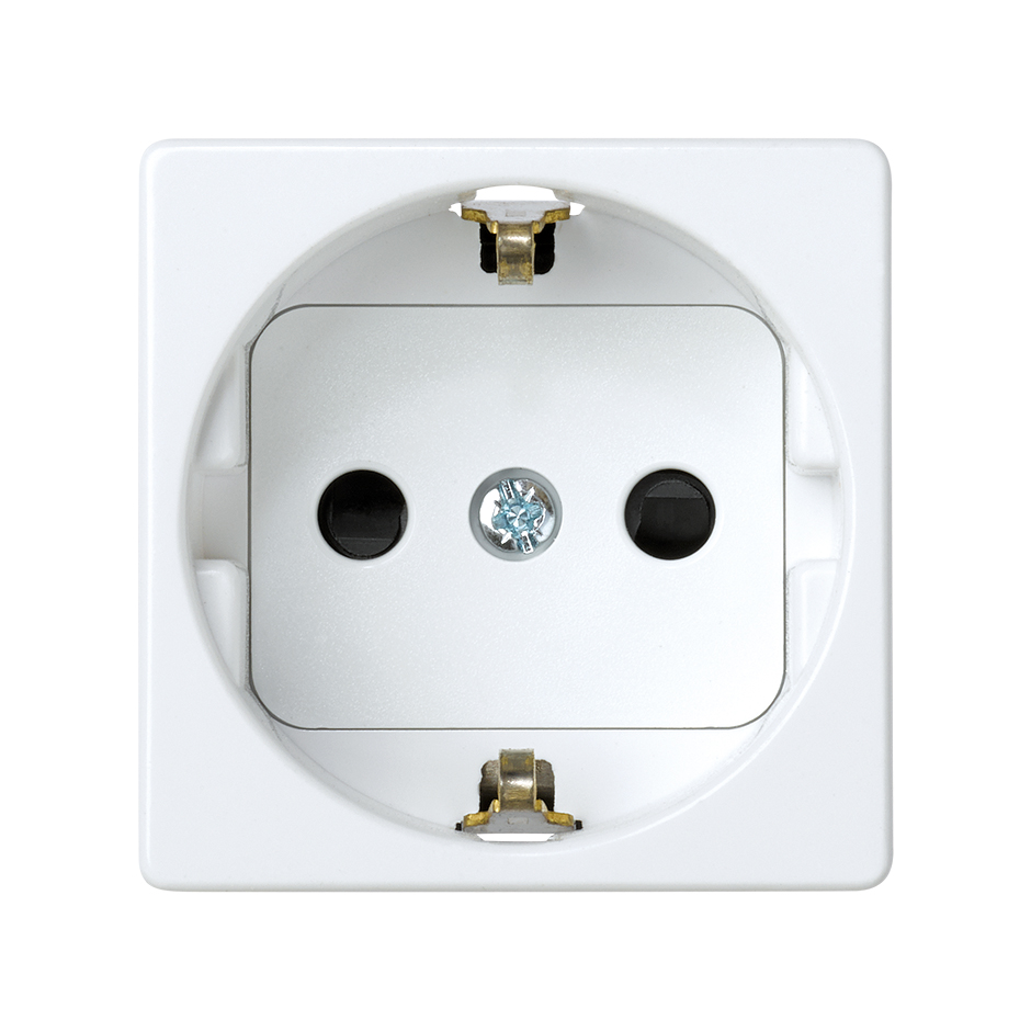 Розетка Simon 27 Schuko, 2Р+Е, со шторками, винтовой зажим, 10/16 А 250 В, механизм, белый — вид спереди