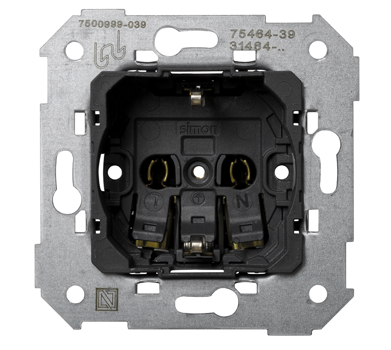 Розетка Simon 27 двухполюсная, 2P+E с заземлением, 16А 250В, безвинтовой зажим, механизм — вид спереди на внутренний компонент