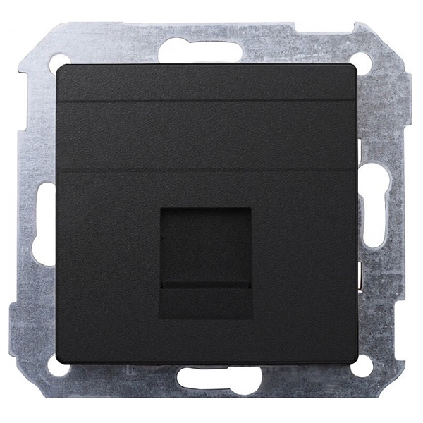 Адаптер Simon 82, со шторками на 1 коннектор UTP (RJ45) FTP (RJ45) RJ12 AMP, графит — вид спереди на монтажную рамку