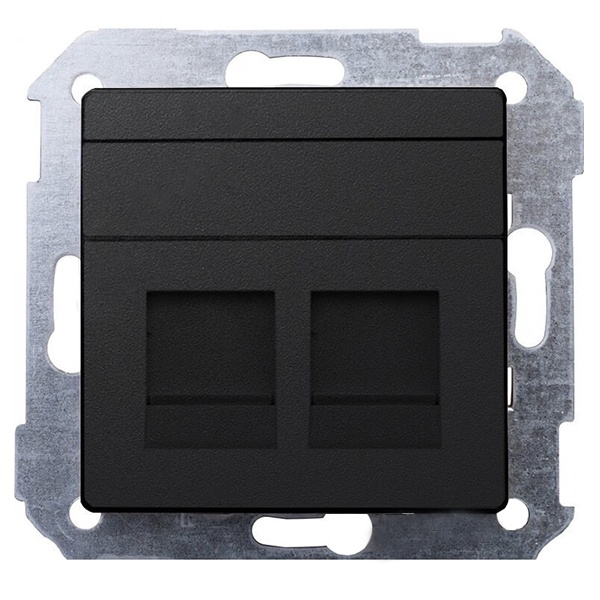 Адаптер Simon 82, со шторками на 2 коннектора UTP (RJ45) FTP (RJ45) RJ12 AMP, графит — вид спереди на лицевую панель