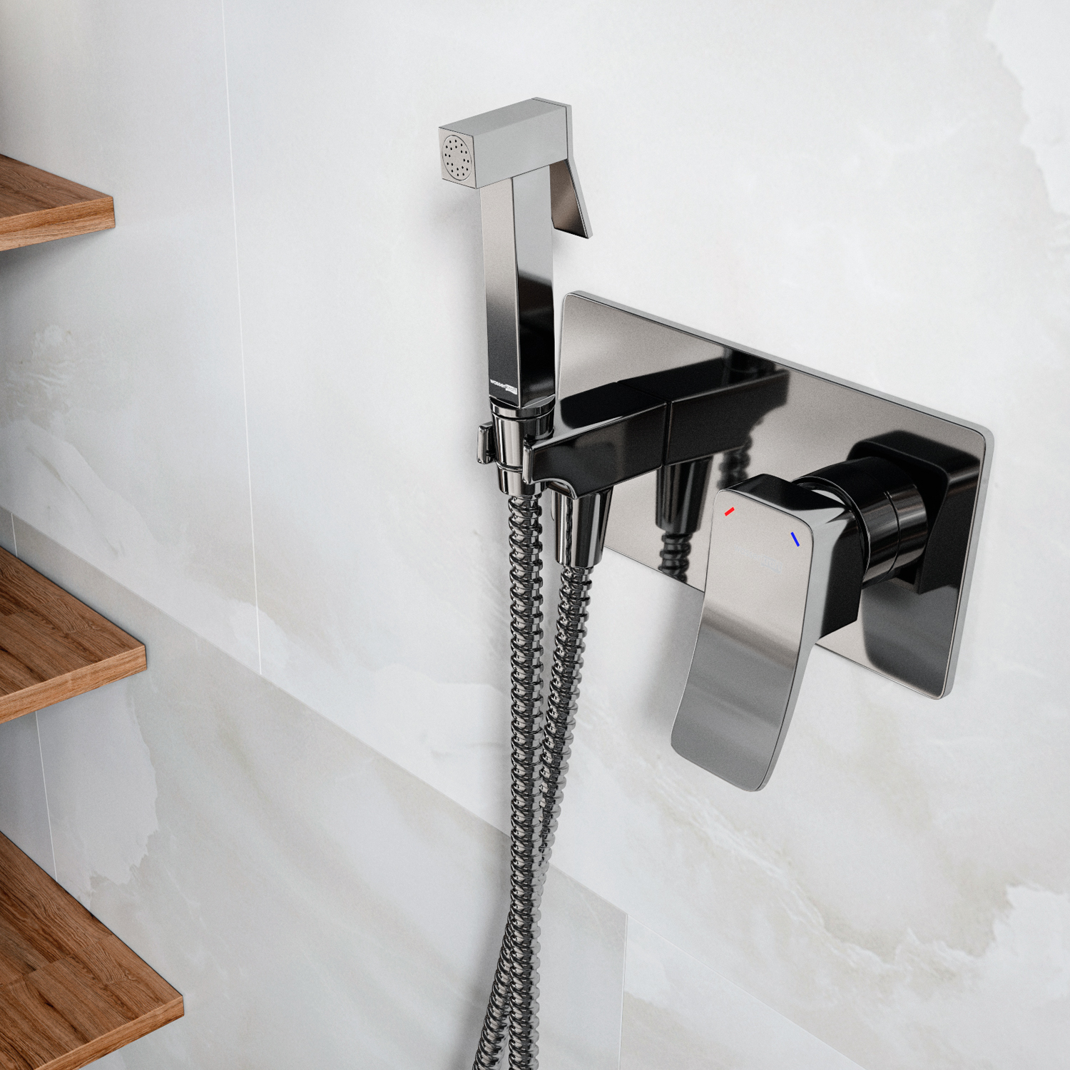 Гигиеническеий душ Wasserkraft Aller 1060 со смесителем — на белой мраморной стене с деревянными полками