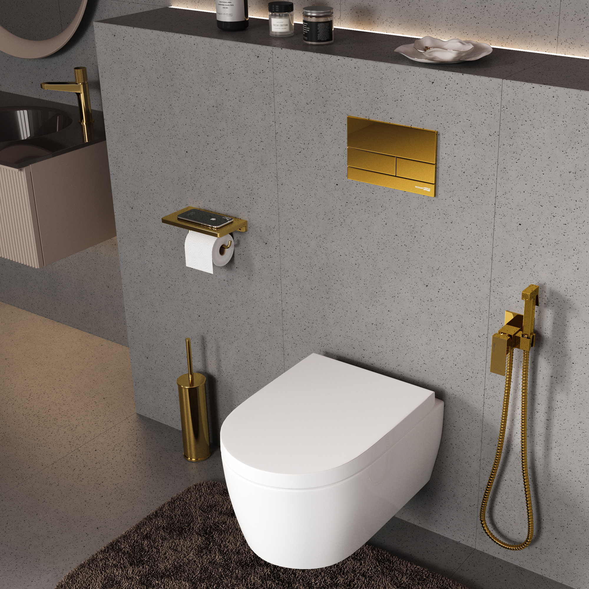 Инсталляция Wasserkraft Aller для унитаза — белый унитаз на серой стене