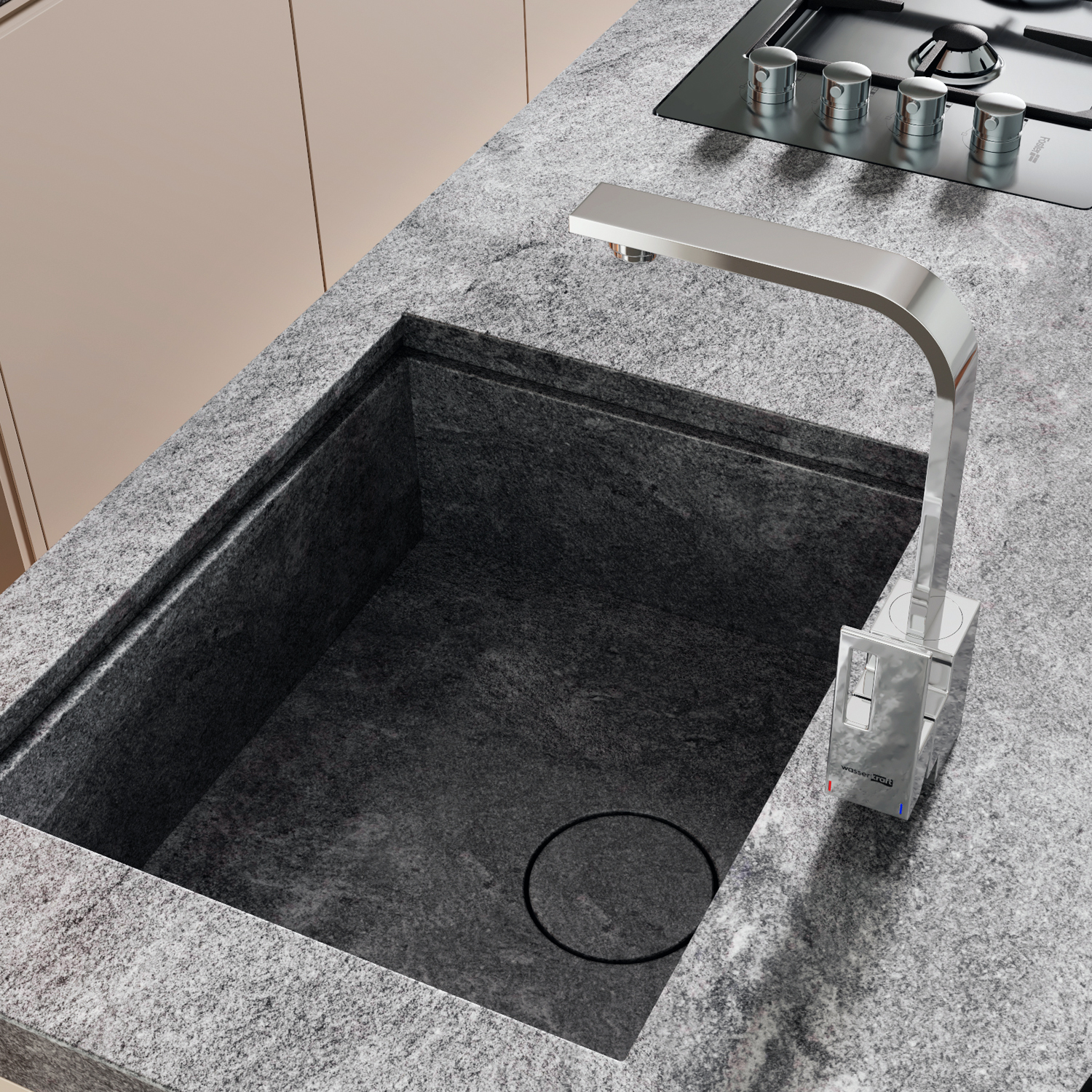 Смеситель для кухни Wasserkraft Alme 1500 — на серой гранитной столешнице с мойкой