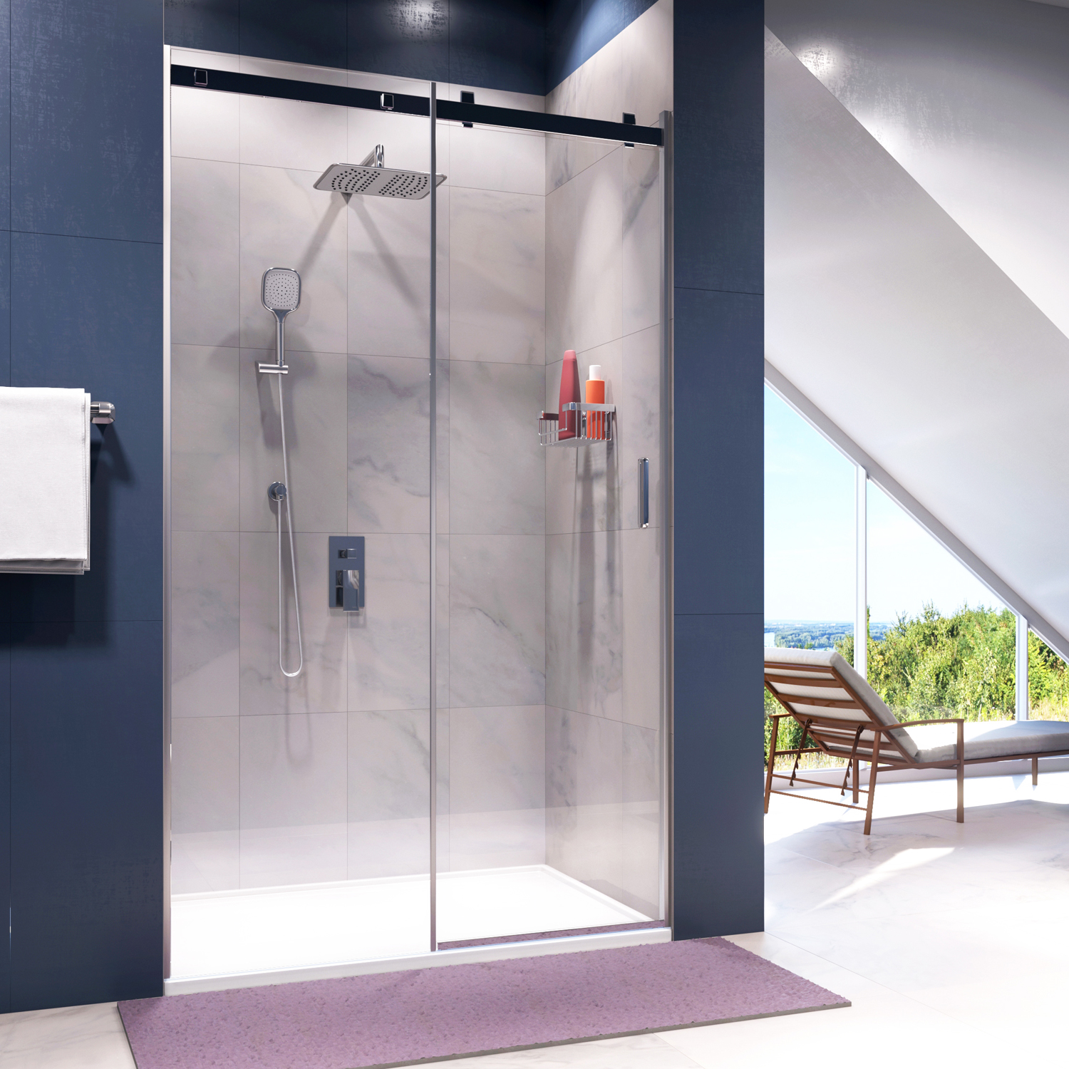 Душевая дверь Wasserkraft Alme 15R 130 см — стеклянное ограждение в ванной с синей стеной и видом на сад