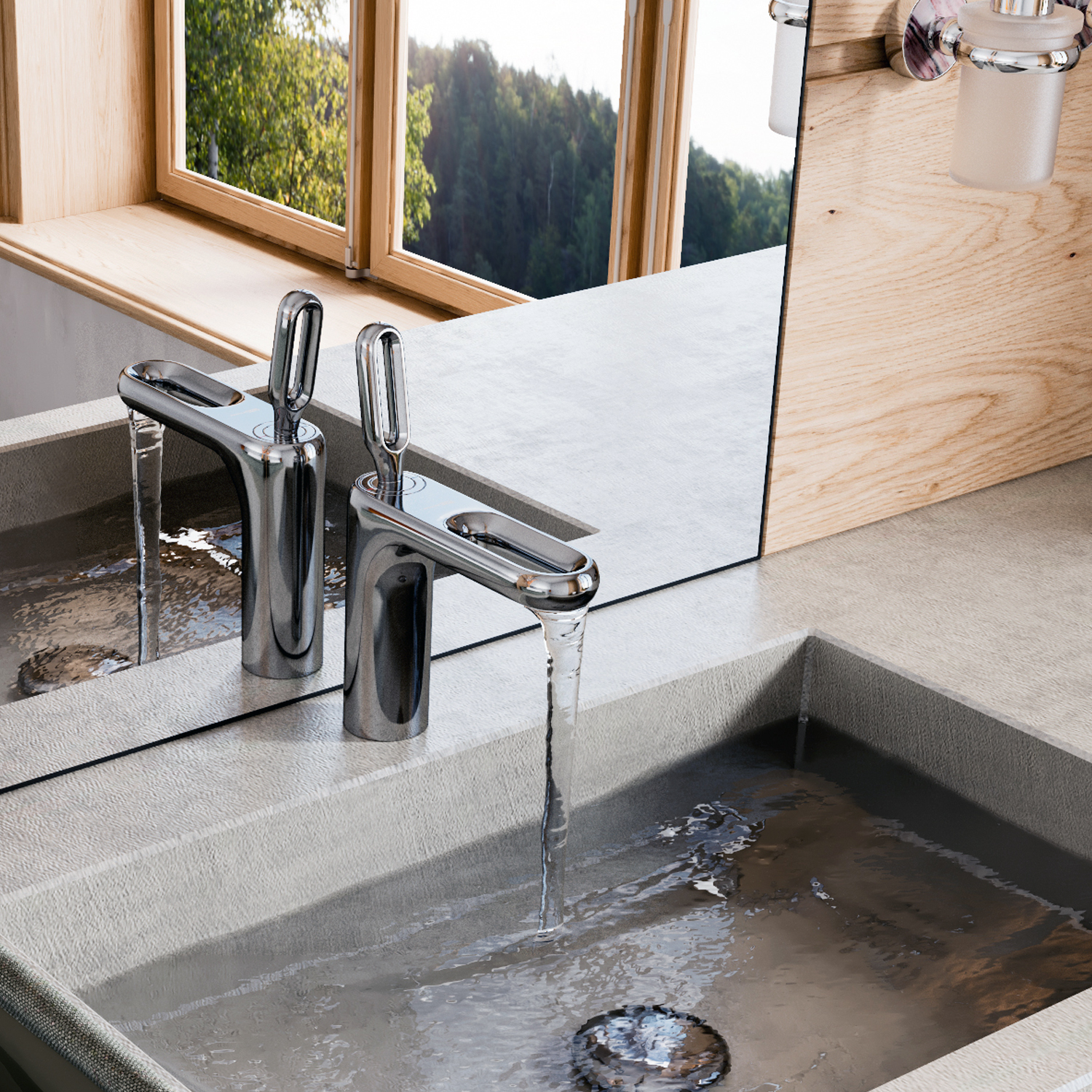 Смеситель для раковины Wasserkraft Kammel 1800 — хромированный излив с текущей водой на фоне окна и зеркала
