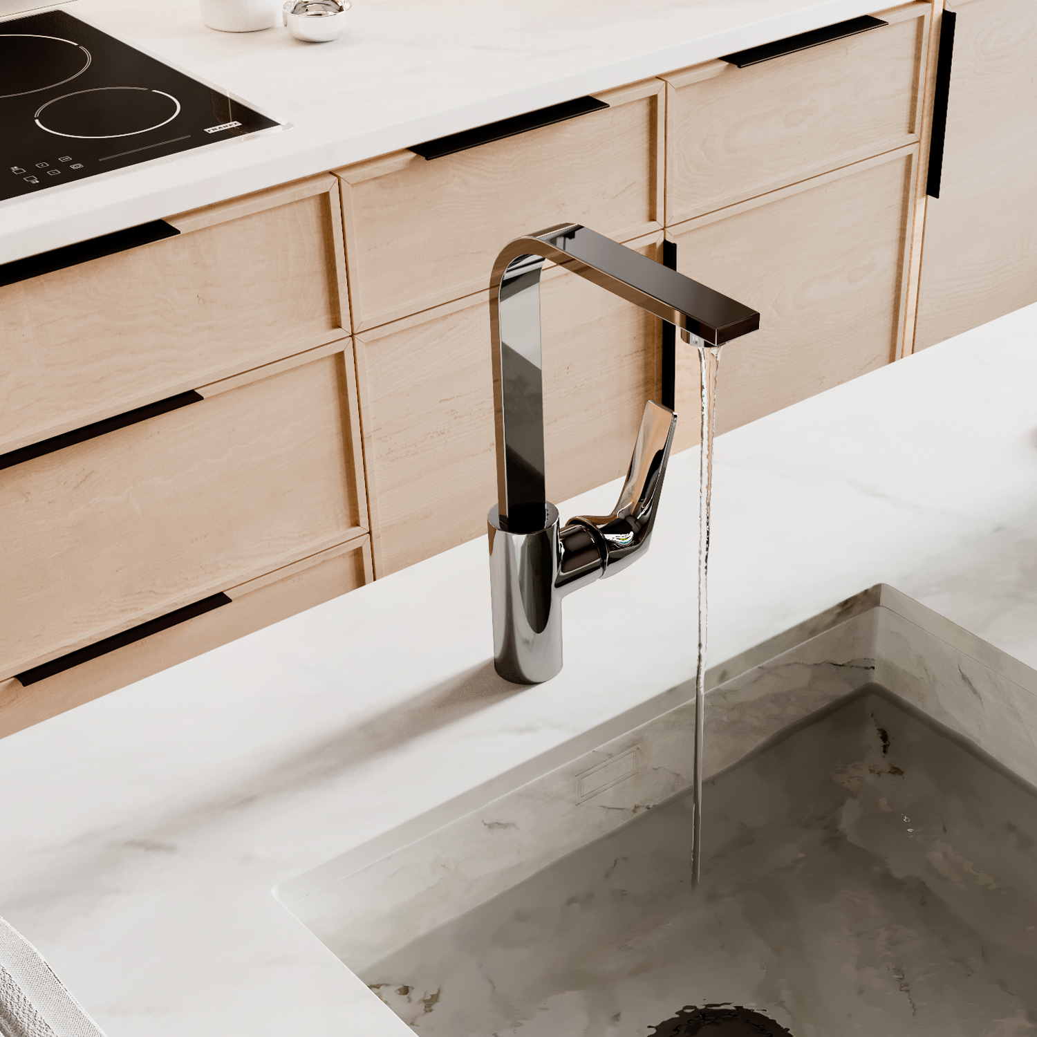 Смеситель для кухни Wasserkraft Neime 1900 — на светлой столешнице у деревянных шкафов