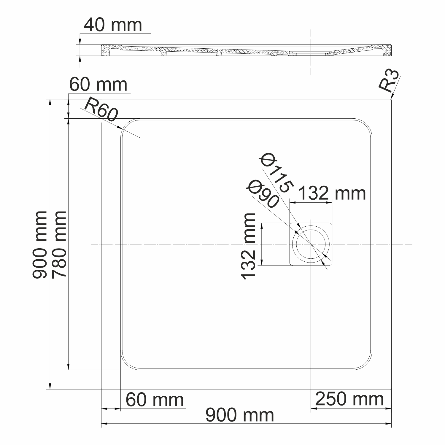 Душевой поддон Wasserkraft Neime 19T 90х90 — чертёж с размерами