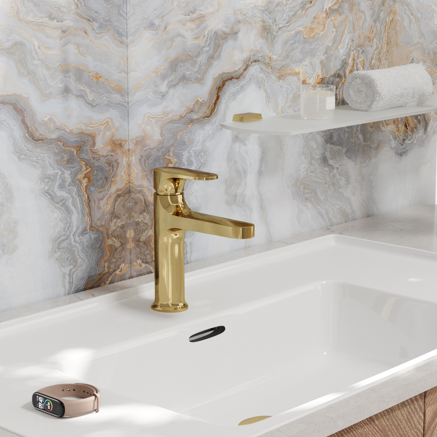 Смеситель для раковины Wasserkraft Neckar 2100 — золотой смеситель на фоне мраморной стены