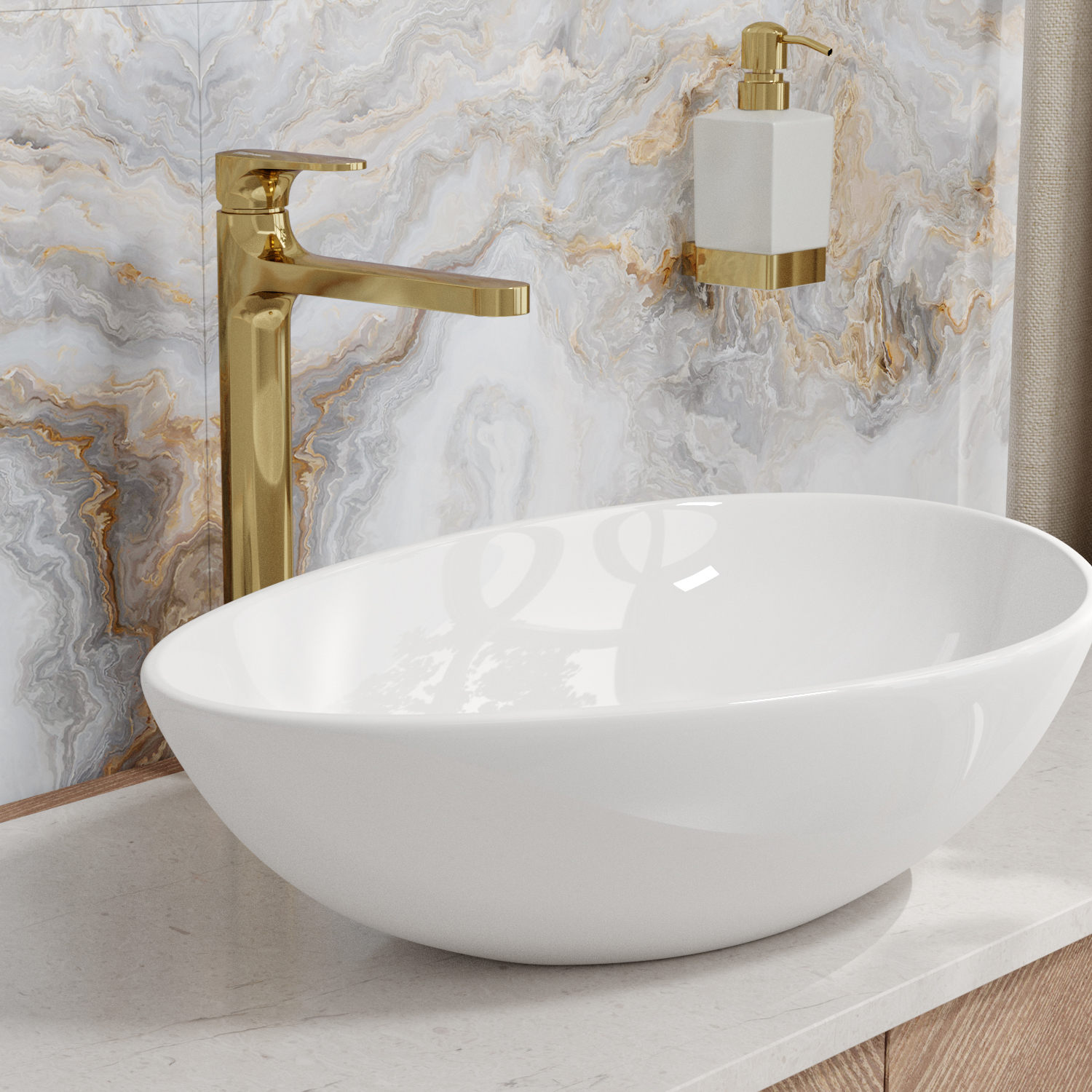 Смеситель для раковины Wasserkraft Neckar 2100 — золотой смеситель на фоне мраморной стены