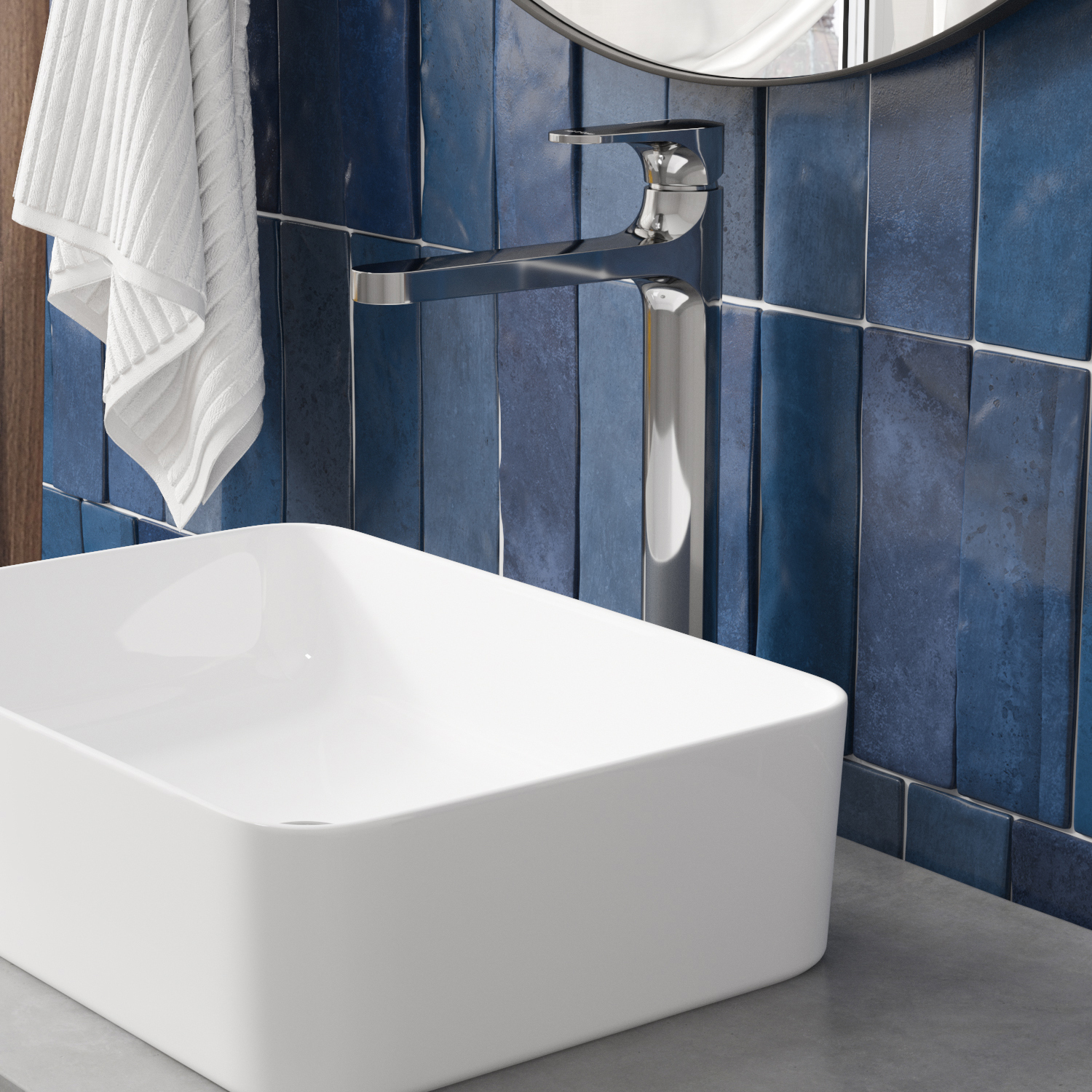 Смеситель для раковины Wasserkraft Weida 3100 — хромированный кран у синей плиточной стены