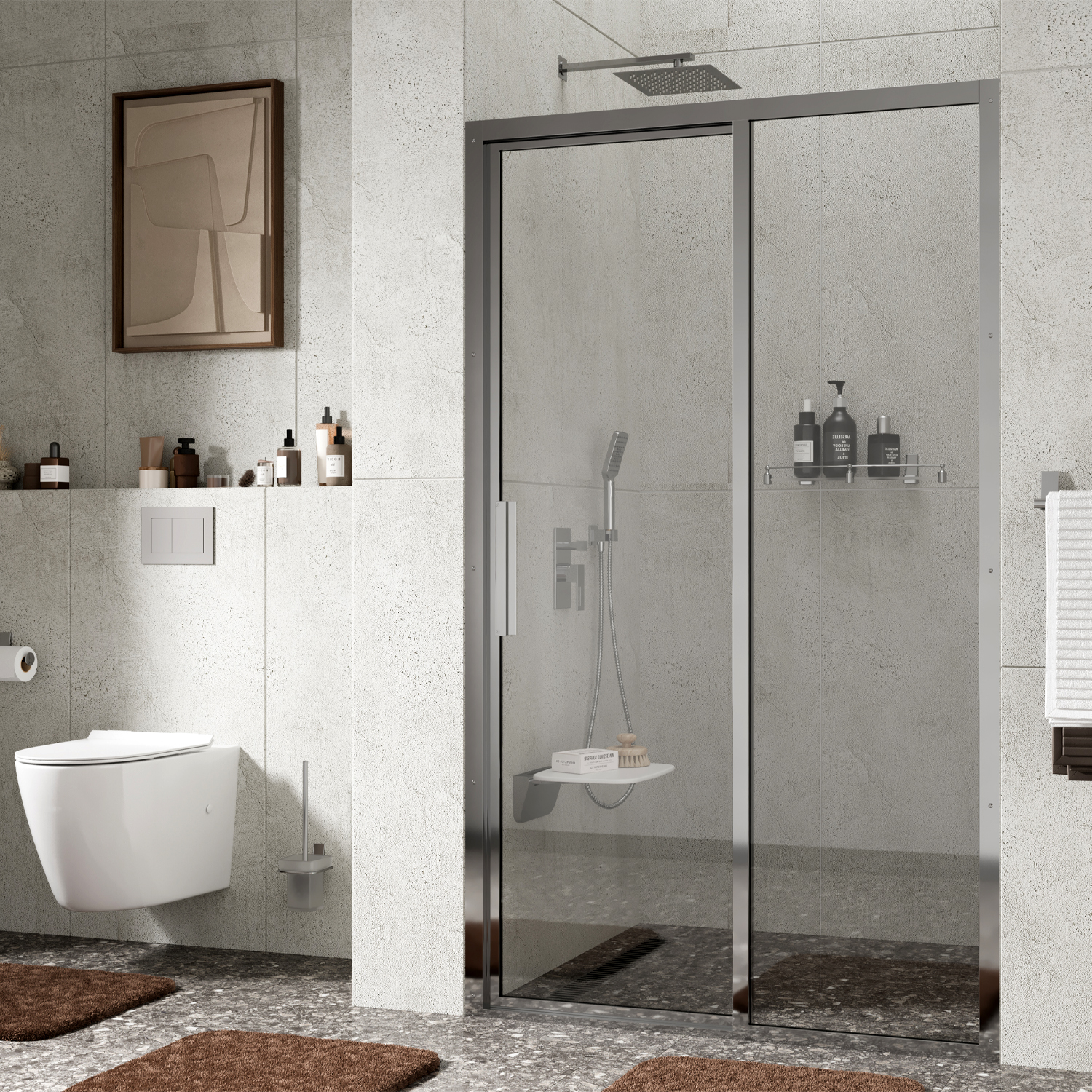 Душевая дверь Wasserkraft Lopau 32S, правая, 120 см — стеклянное ограждение в ванной с серой плиткой