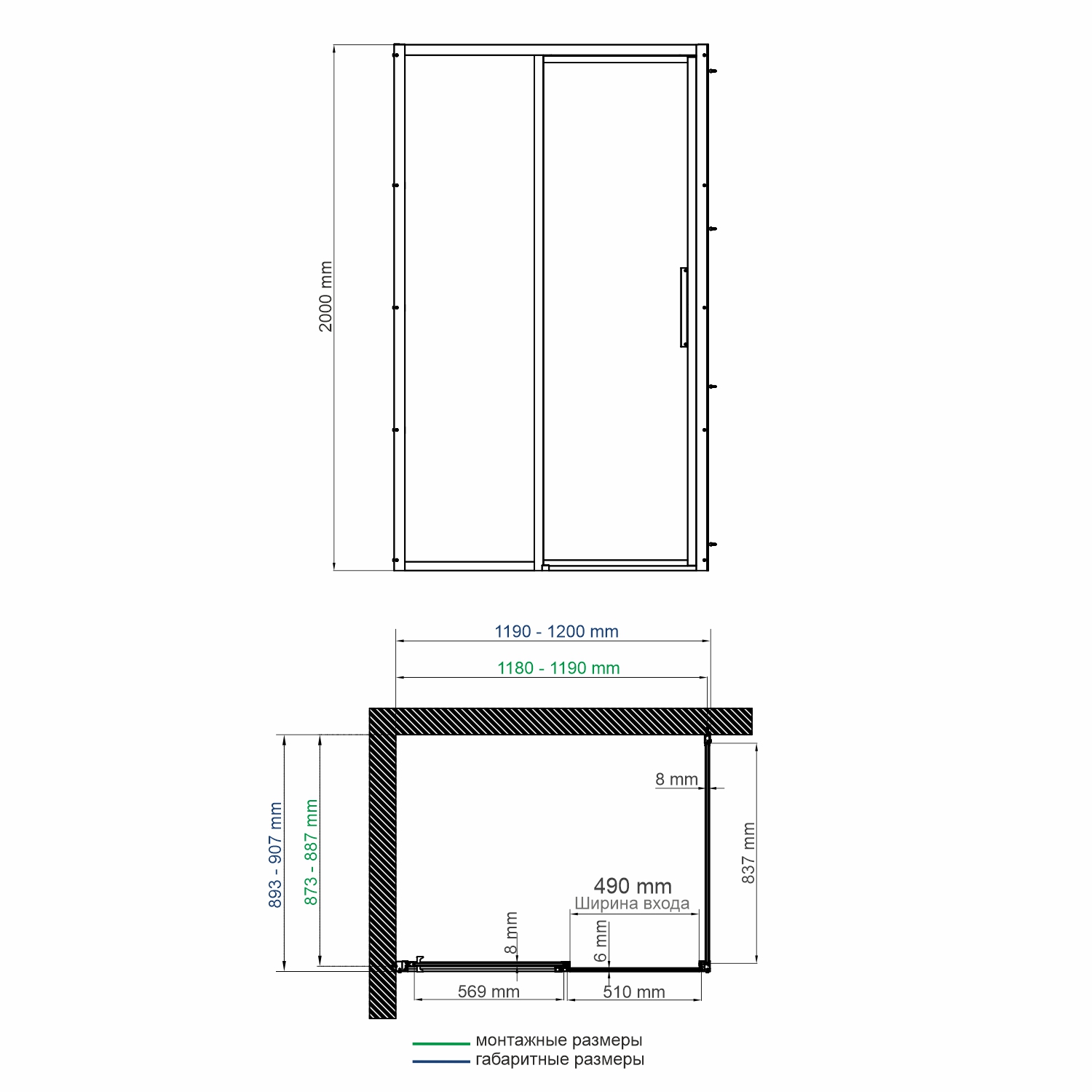 Душевой уголок Wasserkraft Lopau 32S, левая, 120х90 см — чертёж с размерами и проекциями