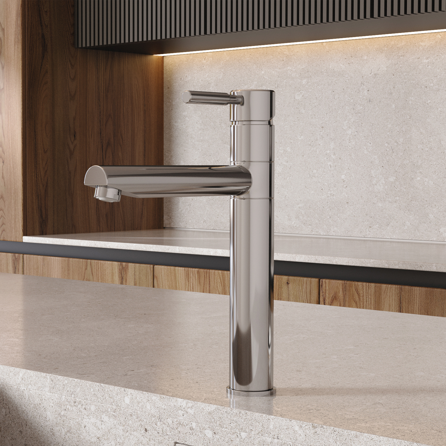 Смеситель для кухни Wasserkraft Main 4100 — на кухонной столешнице у деревянной панели