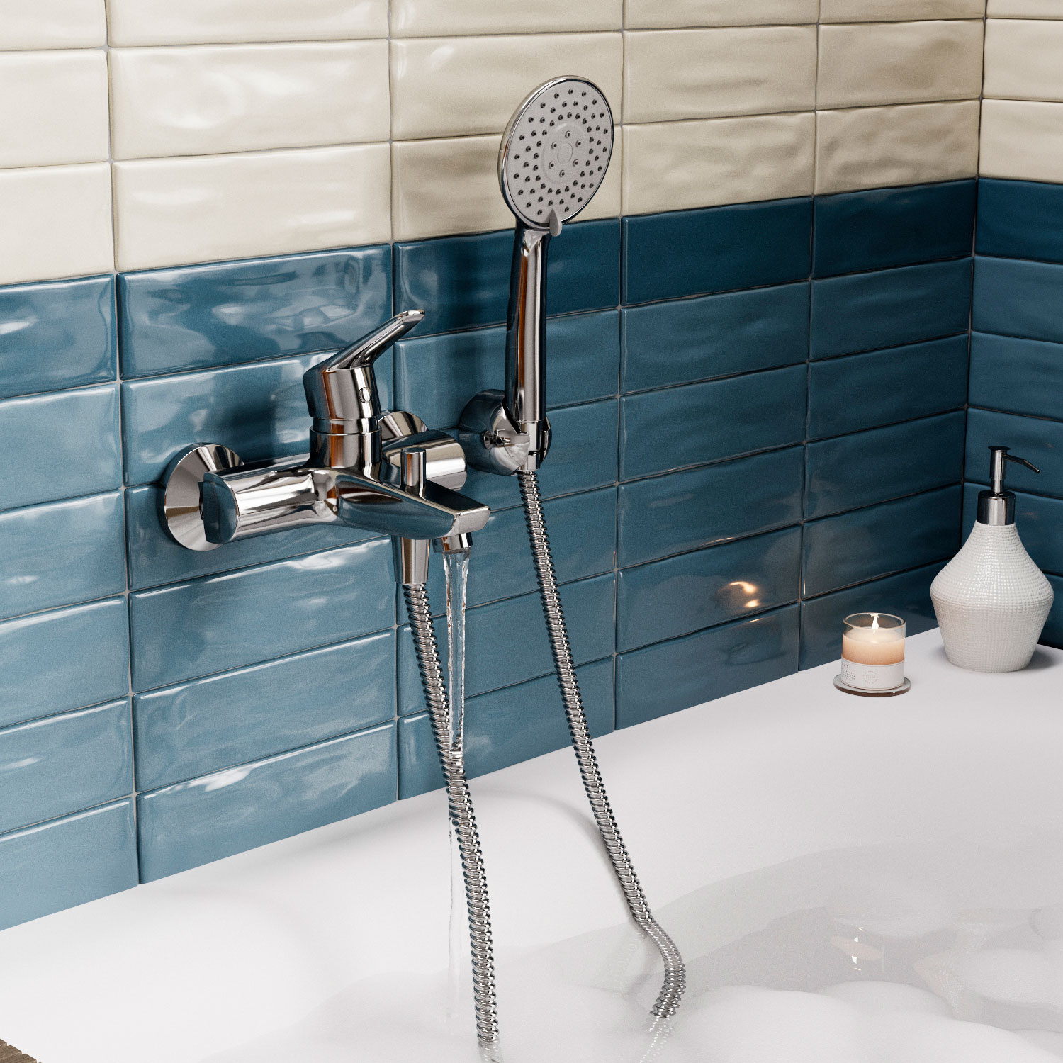 Смеситель Wasserkraft Rhin 4400 с коротким изливом — на синей плитке у белой ванны с пеной