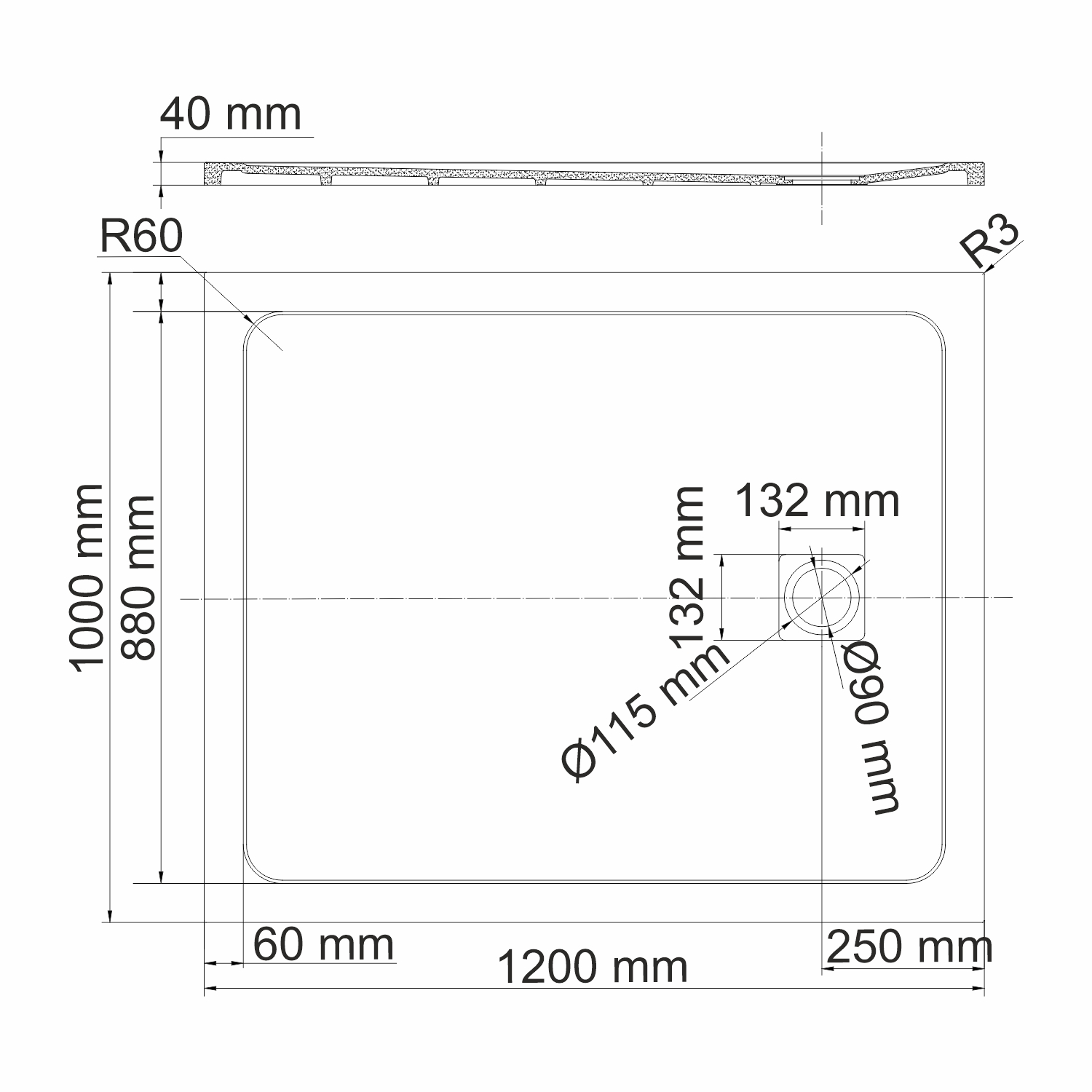 Душевой поддон Wasserkraft Rhin 44T, 120х100 — чертёж с размерами