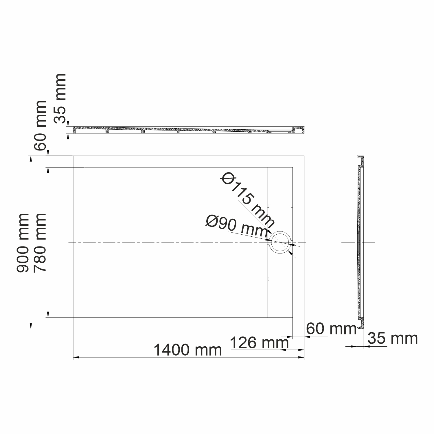 Душевой поддон Wasserkraft Rhin 44T, 140x90 — чертёж с размерами изделия