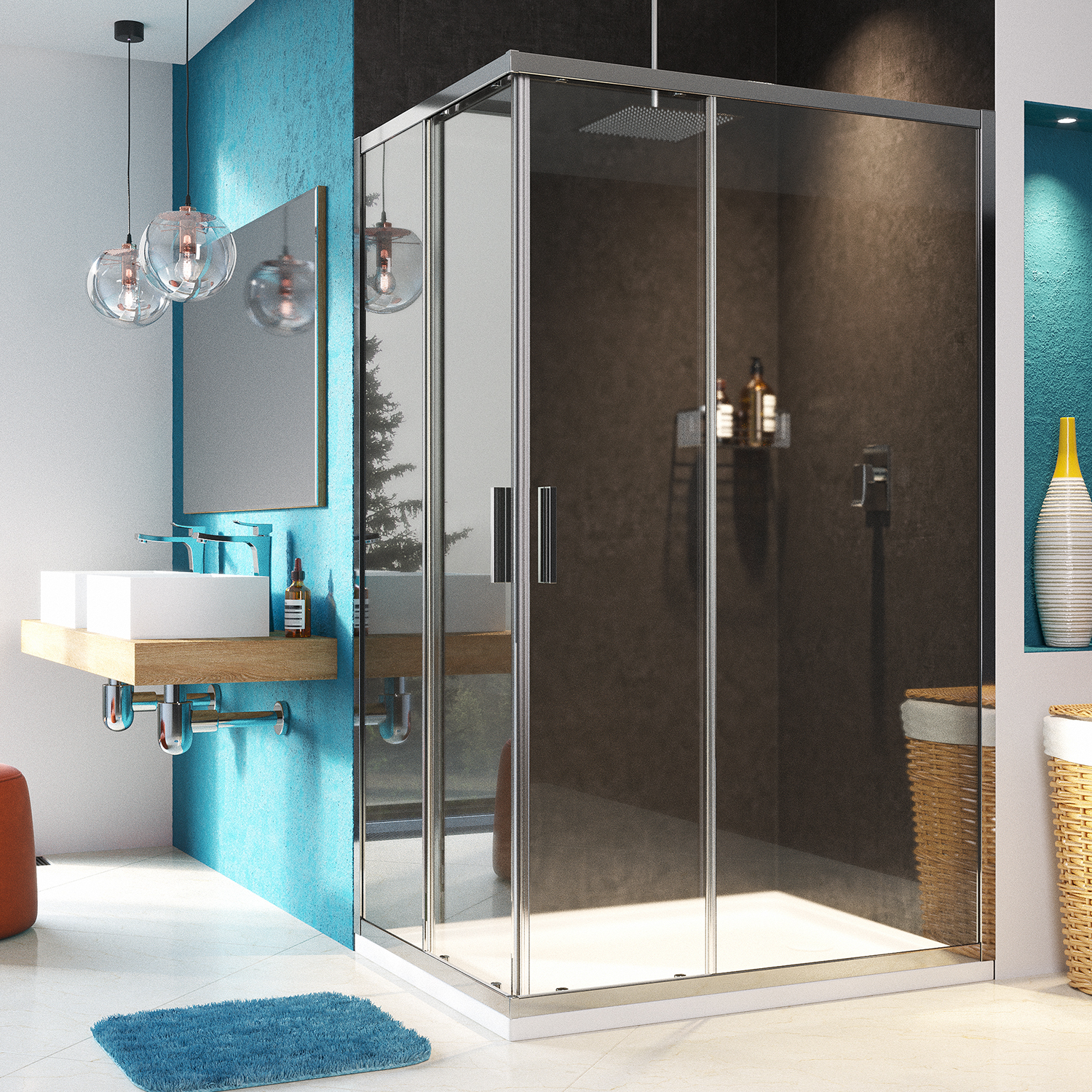 Душевой уголок Wasserkraft Lippe 45S 120х90 — стеклянная кабина у бирюзовой стены
