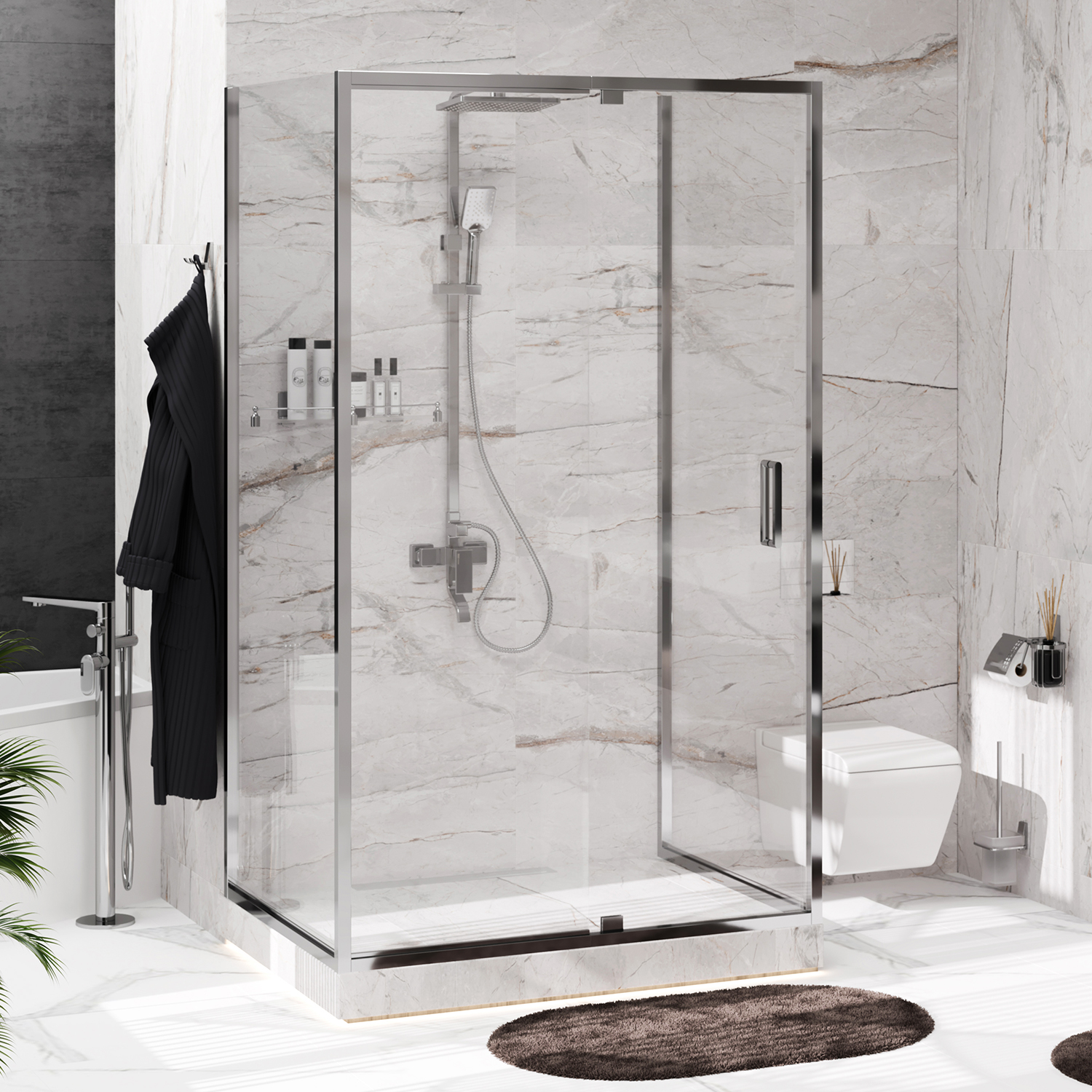 Душевой уголок Wasserkraft Berkel 48P, 120х80 — стеклянная ограждение в ванной с мраморной отделкой