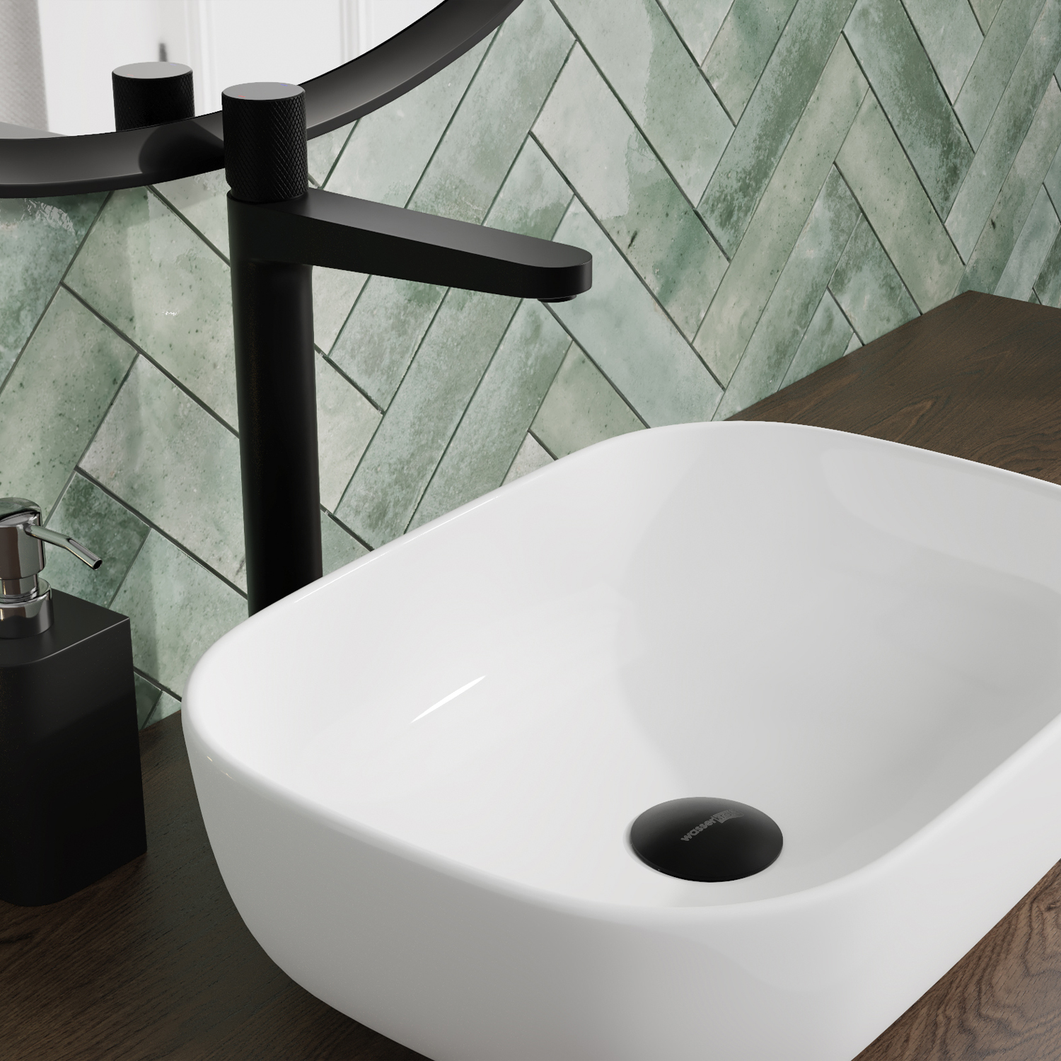 Смеситель для раковины Wasserkraft Fulda 5200 — черный смеситель на фоне плитки в шахматном порядке