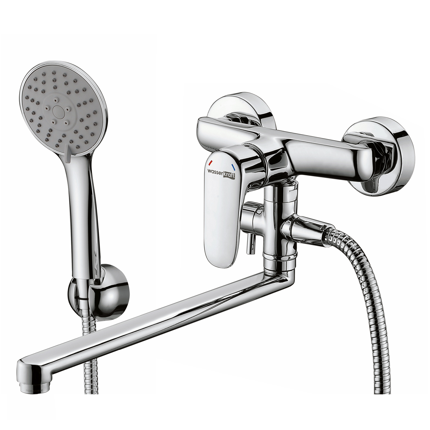 Смеситель Wasserkraft Vils 5600 с длинным изливом + лейка — вид под углом с лейкой
