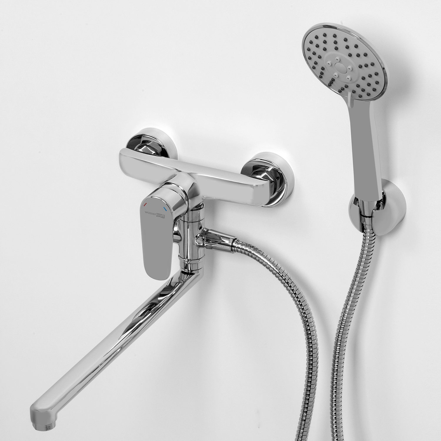 Смеситель Wasserkraft Vils 5600 с длинным изливом + лейка — вид под углом с лейкой-1