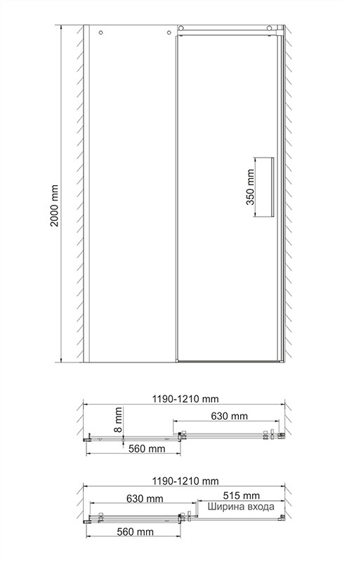 Душевая дверь Wasserkraft Dinkel 58R 120 см — чертёж с размерами
