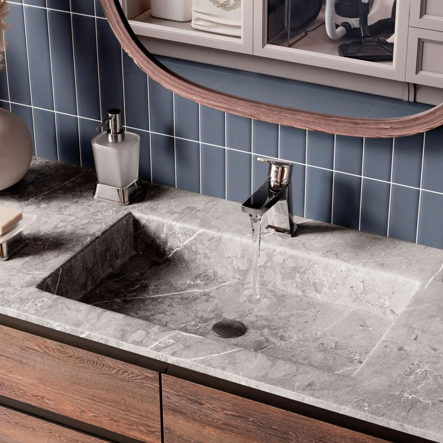 Смеситель для раковины Wasserkraft Dill 6100 — на серой плитке у зеркала