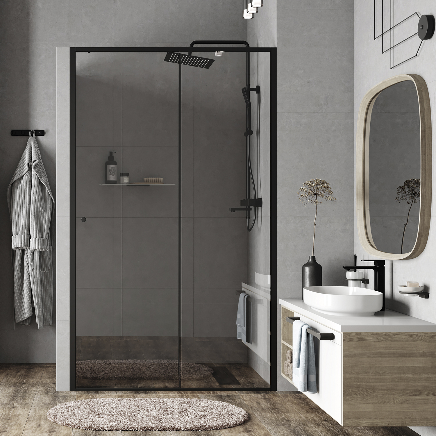 Душевая дверь Wasserkraft Dill 61S 100 см — стеклянное ограждение в ванной комнате с серой плиткой и деревянным полом