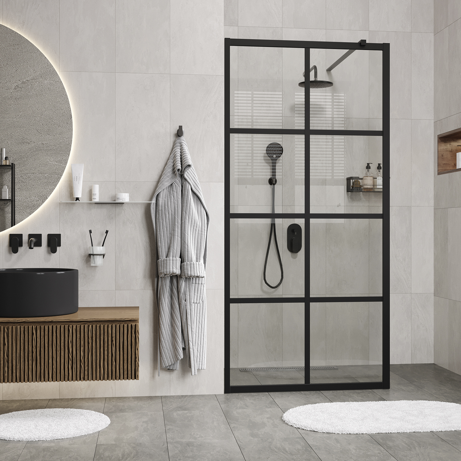 Душевая перегородка Wasserkraft Glan 66W 100х200, стеклянная, боковая — изделие в ванной комнате с серой плиткой и халатом