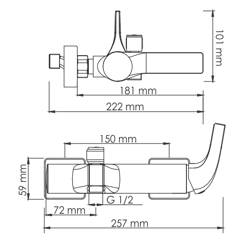 Смеситель для ванны Wasserkraft Sauer 7100 с коротким изливом — чертёж с размерами