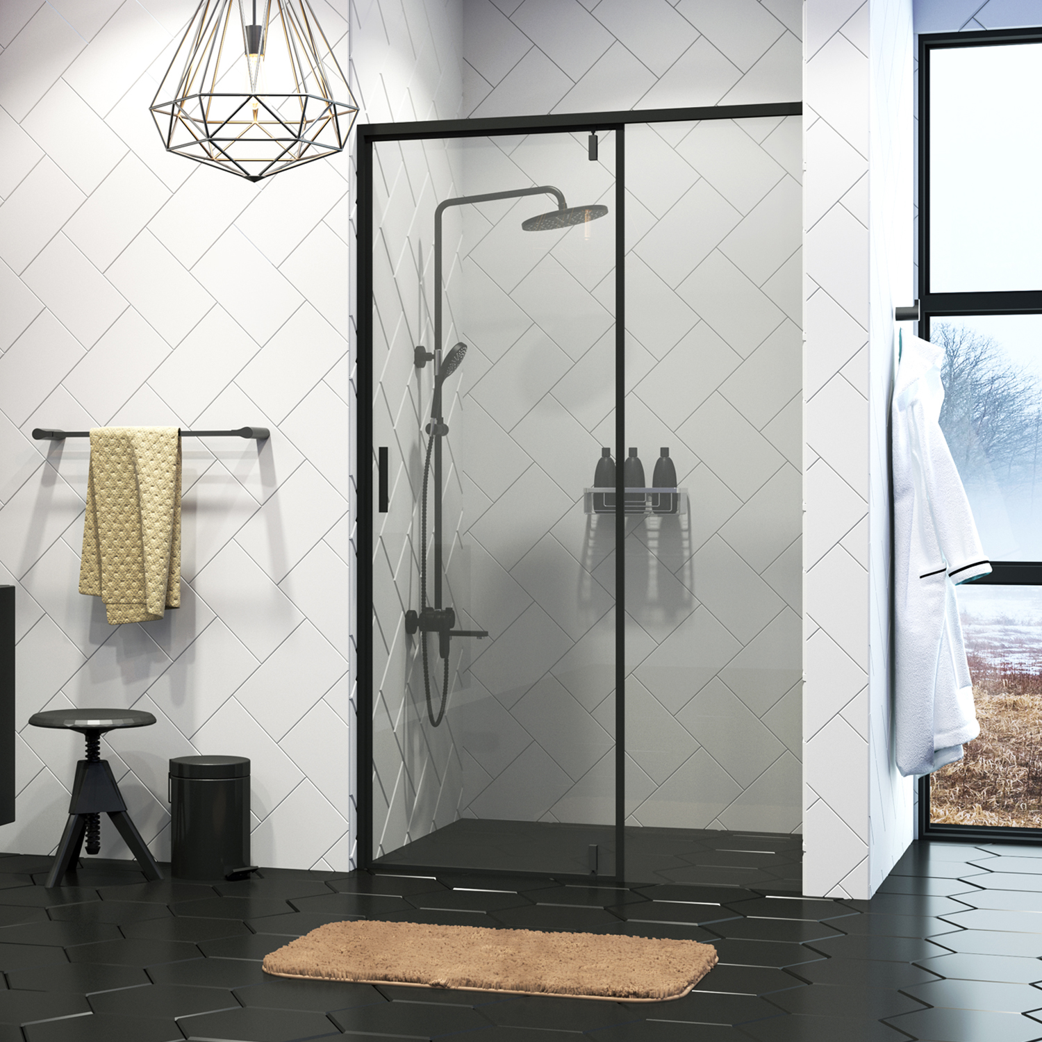 Душевая дверь Wasserkraft Elbe 74P 90x200 — на белой стене с плиткой и черным полом