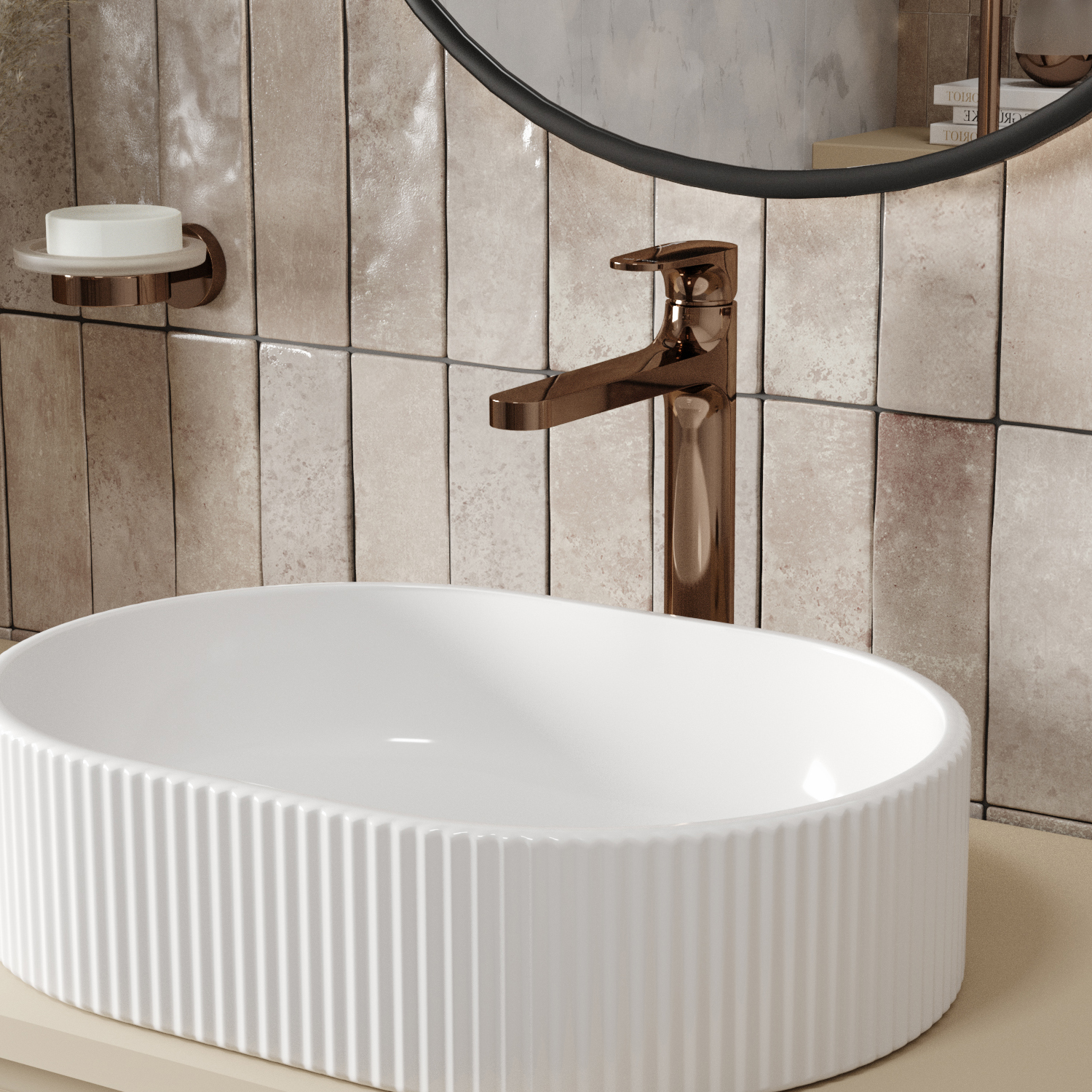 Смеситель для раковины Wasserkraft Asphe 7700 — смеситель на фоне плитки с зеркалом